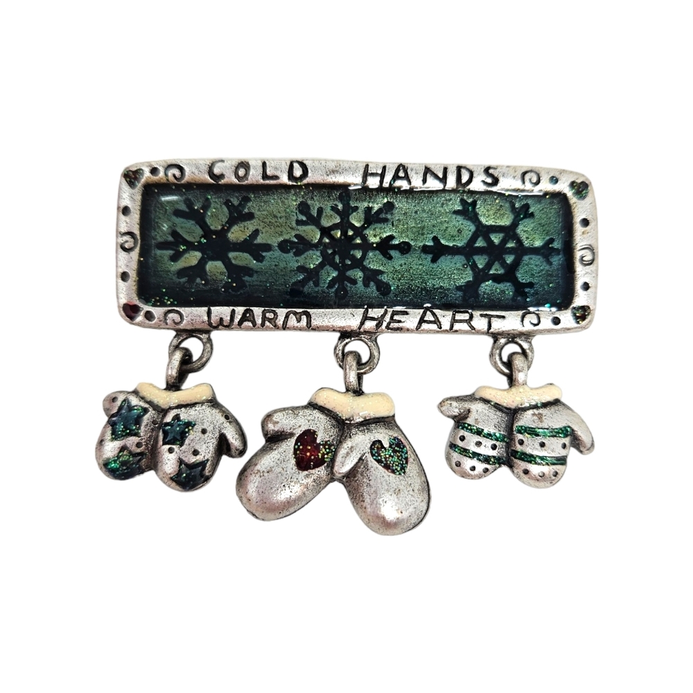 AJMC Cold Hands Warm Heart Brooch Pin Signed Silver Tone Green Mittens